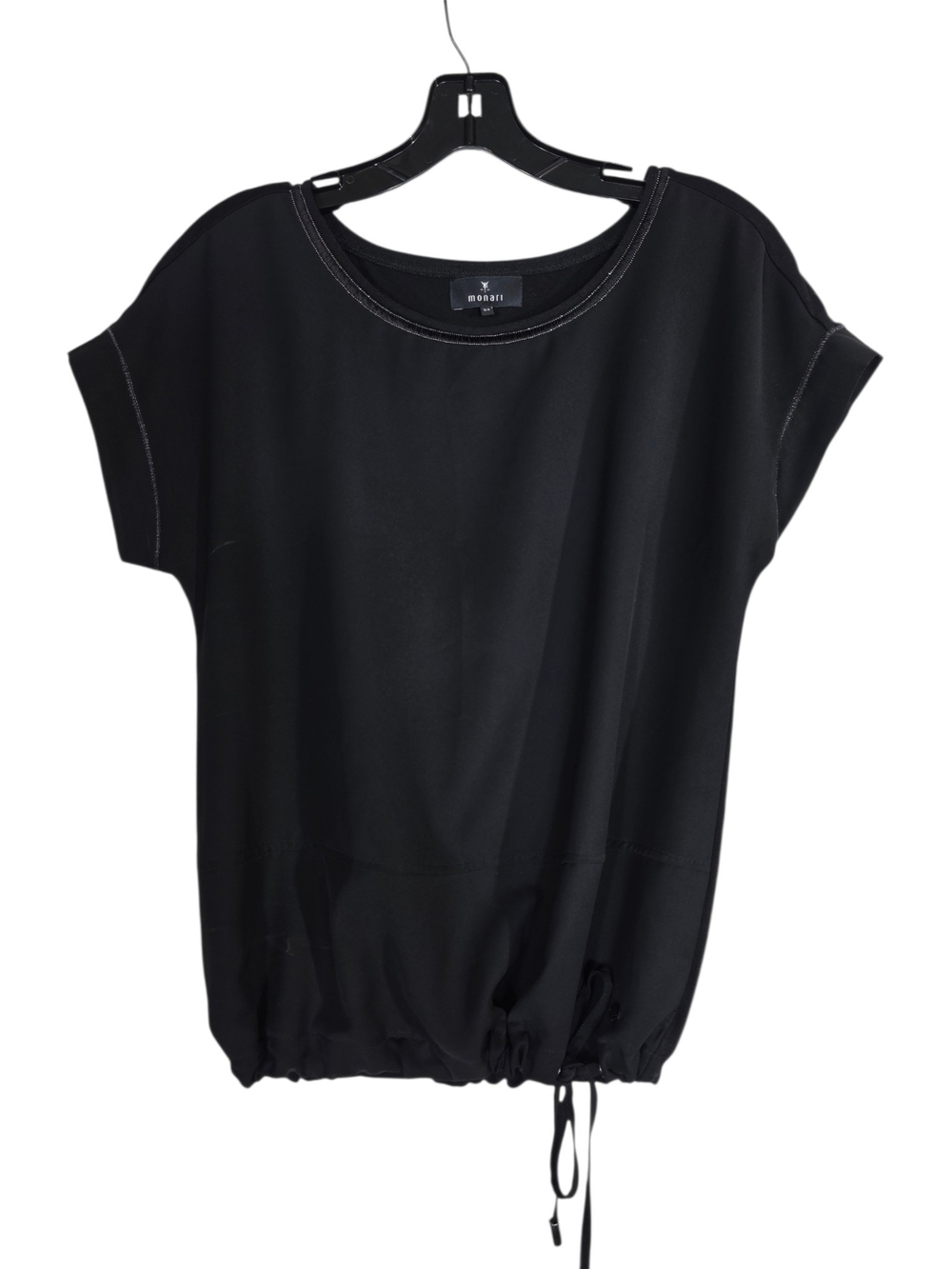 Monari Black Drawstring Hem Short Sleeve  Top w/ chiffon front & viscose back